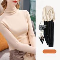 Autumn Winter Tops Semi High Neck Fleece Base T-shirt Women Fashion Long Sleeve Slim Fit Warm T Shirt Woman Elegant Vintage Solid Casual Tshirts 25076 M smėlis