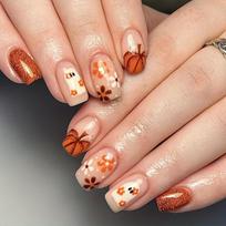 24-Piece Short Square Halloween Press-On Nails Set, Glossy Finish, Ghosts, Flowers, Pumpkins, Cute Festive French Tip With Contrasting Colors brown