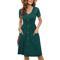 Women Casual Mujer, Manga Corta, Con Botones, Hasta La Rodilla, Con Bolsillos XL žalia