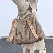 Plush Large Capacity Tote Bag Women Vintage Autumn Winter Fur Soft Khaki Handbag Female Retro Casual Messenger Bag gray