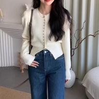 French Retro Slim Fit Fashion Knitted Sweater For Women 2024 Autumn Winter Long Sleeve Cardigans Women O-neck Solid Casual Lady Knitwear Clothes 31027 One Size balta