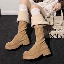 Suede Women High Boots Fur Chunky Warm Mid Heels Shoes Woman Trend Winter Pumps Eleglant Designer Walking Snow Botas Mujer 40 black