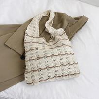 Knitted Large Capacity Stripe Pattern Crochet Tote Bag Beach Vacation Women's Hollow Shopping Shoulder Bags 33x30cm žalia