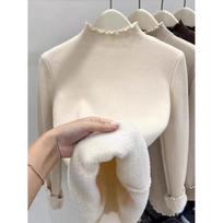 Half High Collar Plush Knitted Base Sweater for Women Autumn Winter Long Sleeve Casual Velvet Pullover Women Sweaters Elegant Slim Fit Knitwear 25276 One Size abrikosas