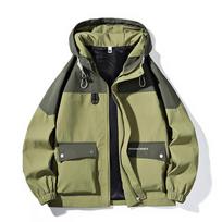 Hong Kong style autumn contrast color hooded loose casual zipper fake two-piece fashionable men's large size jacket M