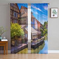 Town Stream Green Trees Sky Stripes Tile Sheer Curtains Living Room Window Tulle Curtains Bedroom Veiling Curtains Luxury Drapes W135 x H114cm