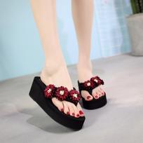 Fashion 6 Cm High Heel Women's Bohemian Flip Flops Ladies Sandals Sponge Cake with Non-slip Clip Toe Home Slippers Beach Shoes Slippers 36 violetinė