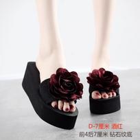 Mada 7 cm aukštakulniai moteriški šlepetės moteriškos vasarinės didelės gėlės sandalai ir šlepetės žodinės šlepetės moteriškos storu padu paplūdimio šlepetės 36 vyno raudonos spalvos