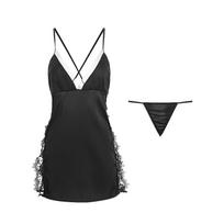 Women Sexy Sleepshirts Deep V Backless Suspender Sleeping Skirt Erotic Satin Lace Bilateral Slit Sleepshirts Lounge Clothing one size
