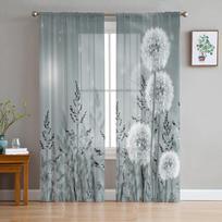 Plant Grey Dandelion Tulle Sheer Curtains for Living Room Decoration Window Curtain for Bedroom Kitchen Voile Organza Drapes W135 x H115cm x1&Grommet Top white