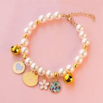 Cute Cat Supplies Adjustable Pet Products Bow Dog Bell Pet Pearl Collar Cat Jewelry Pearl Necklace beige