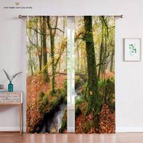 3D Curtain Tree Scenery for Bedroom, Autumn Forest Sunset Print, Light Curtain, Essential Polyester, 2 Panels W50X130H(CM)X2PCS&Rod pocket yellow