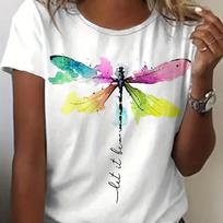 Plus Size Casual T-shirt Women's Plus Dragonfly & Art Letter Print Short Sleeve Round Neck T-shirt Unisex 4XL gray