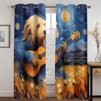 Pastoral Collie Guitar Curtains Van Gogh Oil Painting Style Living Room Bedroom Balcony Windows Decorative Curtains 2 pcs 50W130H(CM)X2PCS&Grommet Top gray