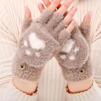 Cat Claw Gloves Women's Winter Warm and Velvet Thickened Student Trendy Writing and Cycling Cute Knitted Half Finger Flip Gloves average size beige