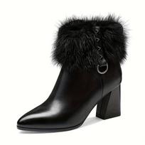 Women's Chunky Heel Ankle Boots, Fluffy Faux Fur Side Zipper Boots, Thermal Lined Winter Plush Boots 42 juoda