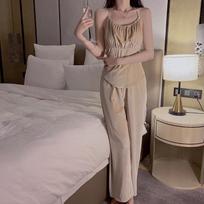Women’s Sexy Sleeping Suits Velvet Sleepwear Backless Camisole Top Pants Deep V Tie Up Outer Robe Lounge Comfortable Clothing one size
