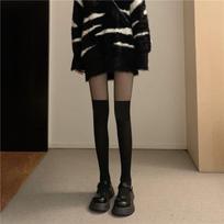 Spliced Pantyhose: Faux Thigh One-Piece Stockings - Nude, Over-the-Knee, Spring/Autumn Thin, Faux High Tube/Japanese Schoolgirl Style. on top and black on bottom knee socks One Size juoda