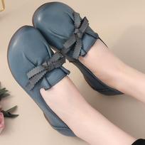 Luxury Green Ballet Flats Comfortable Elegant Women's Shoes Genuine Leather Loafers Ladies Bowknot Woman Soft Blue Moccasins CN 35 mėlyna