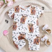Infant Baby Lovely Cow & Floral Print Jumpsuit Casual Short Sleeve Romper 9-12M gray