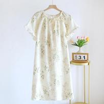 New Women's Pajama Skirt 100% Pure Cotton Crepe Medium Length Short Sleeve Pajama Skirt Fragmented Flower Sweet Home Dress M