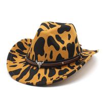 British Black Jazz Big Eaves Hat Retro Rolled Brim Woolen Hat Versatile Fashion Cow Pattern Top Hat M（56-58cm） chaki