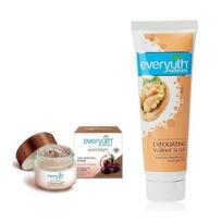 Everyuth šveičiamasis šveitiklis su graikiniu riešutu, 50 g ir šokolado ir vyšnių įdegį šalinantis šveitiklis 50 g, kombinuotas paketas beige