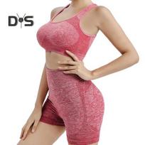 2 Pcs/Set Women Sports Suit Push-up Sleeveless Vest with Chest Pads Seamless Quick-drying High Waist Shorts Sportwear Yoga Fitness Daily Wear L raudona