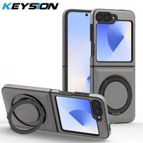 KEYSION PU Leather Case for MagSafe for Samsung Z Flip 6 5 4 3 5G 360°Rotating Magnetic Ring Stand Wireless Charging Phone Cover for Galaxy Z Flip 6 pilka spalva