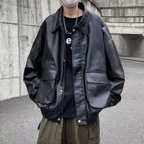 Men's Trendy Hong Kong Style Leather Motorcycle Jacket - Loose Fit, Handsome Workwear Parka L juoda