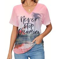 Summer V-neck 3D Landscape Printed Top Fashionable Casual Short Sleeved Women's T-shirts S rožinė