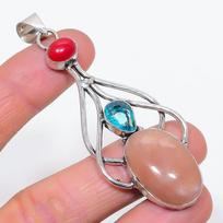 Natural Sunstone, Blue Topaz 925 Sterling Silver Jewelry Pendant 3.19  e6i81