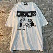 Original Japanese Retro Cat Print Pure Cotton Short Sleeved T-shirt For men's women's Trendy Street Loose Couple t-shirt S smėlis