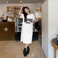 Women's Printed Lazy T-shirt Dress Summer New Loose Thin Skirt Medium-length Knee-length Split Dress Ins M balta