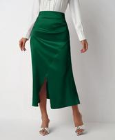 Women's High Waisted Slit Solid Color Pleated Satin Long Skirt with Zipper Fish Tail Wrapped Buttocks Skirts S žalia