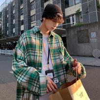 Men's Long-Sleeve Wool Plaid Shirt - Hong Kong Style, Casual and Stylish for Spring and Autumn 2XL žalia