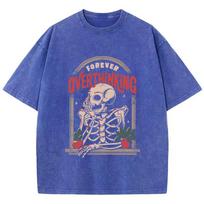 Women'S Cotton Washed T-Shirts Skeleton Man On The Balcony Printing Tops Oversize O-Neck Soft Short Sleeve Clothes S blue