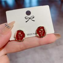 Retro Geometry Golden Color Frame Tulip Stud Earrings for Women Trendy Black Enamel Oil Flowers Earrings Fashion Jewelry Gift raudona