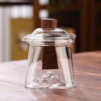 Heat-resistant Glass Gaiwan Tea Tureen with Scald Proof Wood Chips Simple Kung Fu Tea Set Bottom Mountain View Tea Cup and Bowl 325ML skaidri