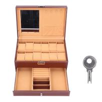 Jewelry Storage Box Double Layer PU Leather Necklace Watches Organizer Container with Key