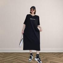 Women's Lazy Fashion Casual Short-sleeved T-shirt Dress In The Long Cover Meat Slit Over The Knee Dress M juoda