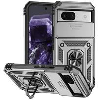 Šarvuotas dėklas Google Pixel 9A 8A 8 7A 7 Pro 6 6A dangtelis Pixel 9 Pro XL objektyvo apsauga atlenkiama kojelė žiedas laikiklis Coque Fundas Google Pixel 9 sidabras