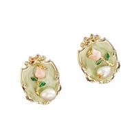 Tulip Flower Earrings for Women Enamel Floral Faux Pearl Stud Earring beige
