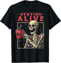 Staying Alive Skeleto Geria Kavą Juokingas Skeleto Kaukolės Marškinėliai S smėlis