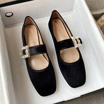 Women Mary Jane Shoes Soft Ballet Flats Black Velvet Patent Leather Shoes Rhinestone Square Buckle Strap Pumps Lady Work Shoes 35