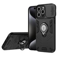 Šarvuotas dėklas iPhone 16E/ 16/ 15/14 Pro Max Plus su 360° magnetiniu metaliniu žiediniu laikikliu, slankiojančiu kameros dangteliu ir įbrėžimams atspariu galiniu dangteliu iPhone 14 Pro Max juoda