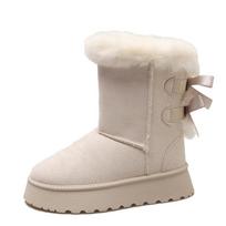 High Tube Bow Snow Boots with Thick Sole and Suede Fur Trim 40 smėlis