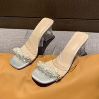 Moteriškos permatomos šlepetės Vasariniai laisvalaikio kvadratinės nosies basutės Aukštakulniai Atviras pirštas Šventinės storapadės avalynės Zapatos De Mujer 35 beige