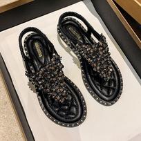 Clip-toed Sandals Women's Summer Fairy Style Fashion Rhinestone Ladies Flat Roman Shoes Women's Large Size 41 juoda