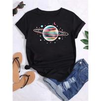 Maycaur T Shirt Women Moon Planet Print Fashion Tee Shirts Casual Round Neck Short Sleeve Streetwear Female T-Shirt Vintage Tops S